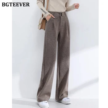 BGTEEVER Kalınlaşmak Sıcak Gevşek Kadın yün pantolon Sonbahar Kış Geniş Bacak Pantolon Rahat Çift Düğme Kadın Pantolon