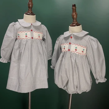 Kız Elbise Kabarcık El Yapımı Önlük Kıyafetler Uzun Kollu Gri Çizgili Pamuk Prenses Vintage Etek Sisters Noel Giyim