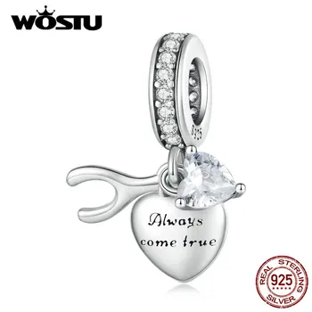 WOSTU 925 Ayar Gümüş Dileğiyle Kemik ve Kalp şeklinde Kolye CZ Charms Fit Bilezik Kolye Kadınlar için Orijinal Takı Hediye