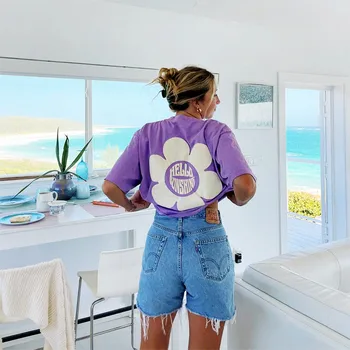 Kadın Plaj Kulübü Baskılı Açık Mor Pamuklu T Shirt Kısa Kollu Gevşek Crewneck Yaz Üstleri Tumblr Vintage Estetik Tees