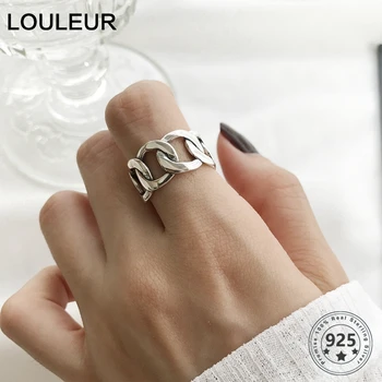 LouLeur 925 ayar gümüş geniş zincir yüzük gümüş vintage vahşi kare şerit zincir açık yüzükler kadınlar için gümüş 925 takı hediye