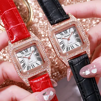 Yeni Kadın Saatler Kuvars Moda Deri Roma Tarzı Saati Feminino Relogio Lüks Zarif Rhinestone Kol Saati Relojes Saat