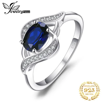 Jewelrypalace Oluşturulan Mavi Safir 925 Ayar Gümüş Yüzük Kadınlar için Bildirimi Halo Nişan Yüzüğü Oval Taş Takı