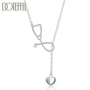 DOTEFFIL 925 Ayar Gümüş 18 İnç Stetoskop Kalp Kolye Kolye Kadınlar İçin Moda Düğün parti Charm Takı