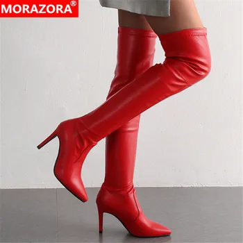 MORAZORA 2022 sıcak satış diz çizmeler üzerinde kadın ince yüksek topuklu parti düğün ayakkabı bayanlar sonbahar kış ince Streç çizmeler