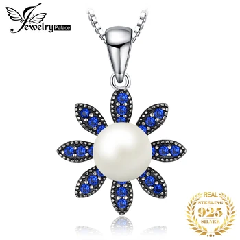 JewelryPalace Çiçek Düzenlendi Mavi Spinel Kültürlü Inci 925 Ayar Gümüş Kolye Kadın Moda Hediye ıçin Hiçbir Zincir
