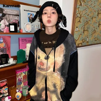 Karrram Y2k Estetik Hoodies Peri Grunge Baskı Ceket Japon Harajuku fermuarlı sweatshirt Kawaii Ayı Ceket Sevimli 2000s Elbise