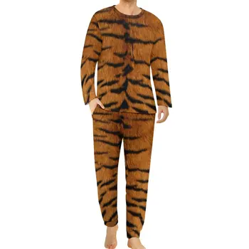Kaplan Baskı Pijama Sonbahar 2 Parça Hayvan Cilt Desen Kawaii Pijama Setleri Adam Uzun Kollu Uyku Grafik Pijama Büyük Boy 5XL