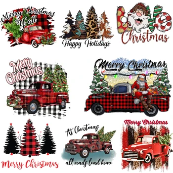 Araba Santa baskı Retro yama Çocuk giysileri alışveriş çantası demir ısı transferi T-shirt Hoodie Merry Christmas Sticker dekorasyon hediyeler