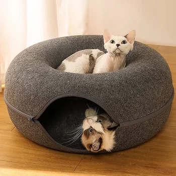 Keçe Kedi Yuva Yatak Interaktif Tünel Oyuncaklar Pet Yatak Kediler Yavru Köpek Yarım Kapalı Çörek Şekli Mağara Yatak Tünel Ev Sepeti