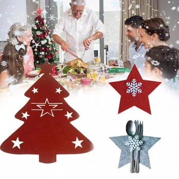 4 adet / takım Noel Çatal Çanta Cep Noel Ağacı Yıldız Kar Tanesi Çatal Bıçak Kaşık Tutucu Çanta Mutfak Sofra Organizatör