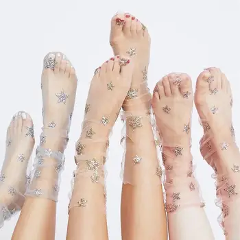 Yeni 1 Çift Kadınlar Glitter Yıldız Yumuşak Örgü Çorap Şeffaf Elastik Şeffaf Ayak Bileği Çorap Kadın İnce Yumuşak Parlak Yıldız Ay Çorap