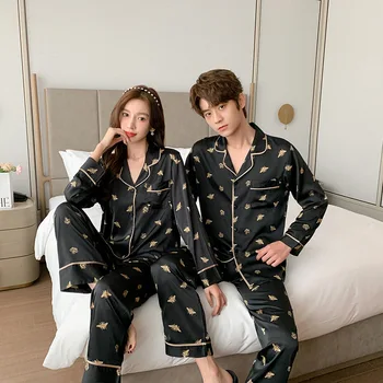 QSROCIO Yüksek Kaliteli kadın Pijama Seti Moda Arı Baskı Çift Pijama Ipek Gibi Rahat Gecelik V Yaka erkek Kıyafeti