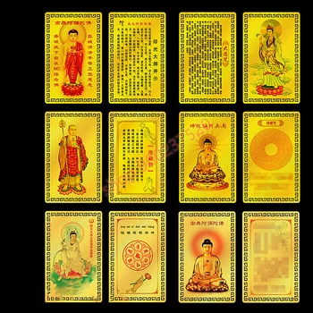 Buda heykelleri her türlü, kutsal, metal Buda kartları, Kaiguang barış muska kartları, Budist altın kartları