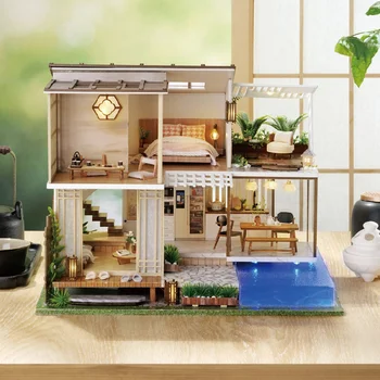 DIY Ahşap Bebek Evi Kiti Minyatür Mobilya Yüzme Havuzu Modern Loft Casa DIY Villa Dollhouse Oyuncaklar Yetişkinler İçin noel hediyesi