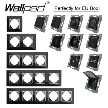 AB DIY Siyah Kristal Cam Elektrik Dahili Prizler ve Anahtarı RU FR Basma Düğmesi Sıfırlama Perde USB Cat6 Wallpad L6 Yuvarlak Kutu