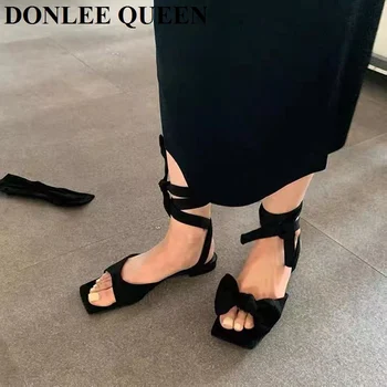 Marka Sandalet Moda Çapraz Bağlı Ayak Bileği Kayışı Gladyatör Sandalet Lace Up rahat ayakkabılar Yay Düğüm Düz Flip Flop Sandalias Mujer 2021