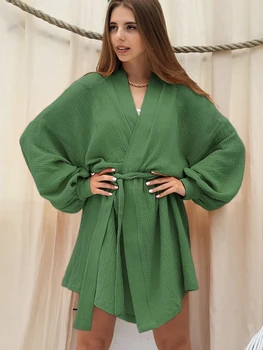 Lınad Gevşek Bornoz Kadın Rahat Uzun Kollu Pijama Sashes Pamuk Ev Elbiseler Kadınlar İçin 2022 Kış Katı Kadın Giysileri
