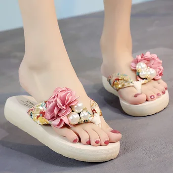 En çok satan Kadın Bohemian Terlik Kalın taban plaj ayakkabısı Pembe Manşetleri Flip-Flop Sandalet Takozlar Çiçekler Rahat Terlik