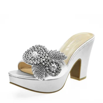 Çiçek Dekor Tıknaz Kadın Katır Sandalet Gümüş Bayanlar platform ayakkabılar 6245-34 Artı Boyutu 41 42 Parti Elbise Pompaları Kare Topuk Ayakkabı