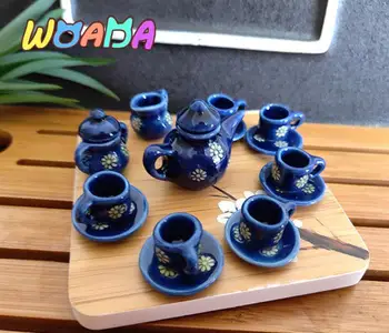 9 Adet 1: 12 Ölçekli Bebek Evi Minyatür Porselen Mavi Baskı çay bardağı Seti Sofra Mutfak Dollhouse seramik demlik DIY Oyuncaklar