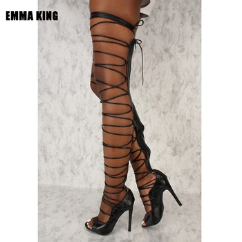 EMMA KRAL 2020 Uyluk Yüksek Kuşaklı Çizmeler Yüksek Topuklu Burnu açık Çapraz bağlı Elbise Diz Gladyatör Ayakkabı Kadın Siyah Çizmeler Mujer
