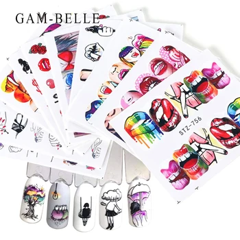 GAM-BELLE 9 adet / takım Nail Art Transferi Sticker Renkli Seksi Kız Dudaklar Desen Tırnak Çıkartmaları Kaydırıcılar Wrap Dekorasyon Lehçe Sticker