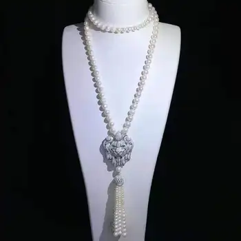 Kadın moda takı mikro kakma zirkon aslan aksesuarları tatlısu inci kolye püskül kolye uzun kazak zinciri 81 + 9cm
