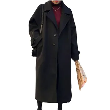 Gevşek Siyah Yün Ceket Kadın Sonbahar Kış Moda Uzun Palto Kore Elegance İnce Peri Öğrenci Kadın Bahar Mont OK801