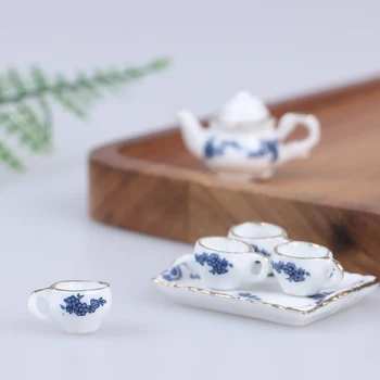 6 Adet / takım Dollhouse Minyatür Yemek Gereçleri porselen çay seti Çanak Bardak Çiçek Desen mutfak mobilyası Aksesuarları Oyuncaklar Hediye
