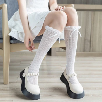 Lolita Dantel Yüksek Diz Çorap Kadın Bolwknot Fırfırlı Çorap Kadın Jk İnce Uzun Çorap Kız Elbise calcetines medya