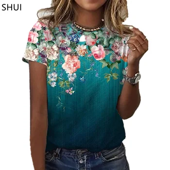 2021 Yeni kadın Gül Çiçek Desen Baskı Üst Moda Yaz Kısa kollu Moda Rahat Artı Boyutu 3D Gül baskılı tişört
