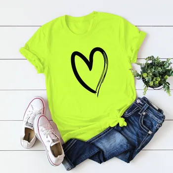 Yaz Pamuk Kadın Moda Neon Yeşil Basit Aşk Baskı kısa kollu tişört Genç Kızlar Rahat Y2k Harajuku sıfır yaka bluzlar Trend
