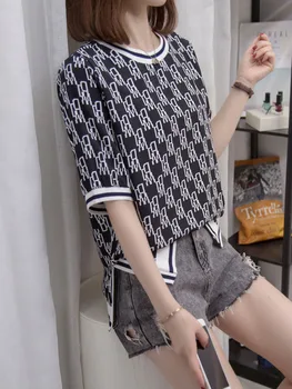Büyük boy Şifon Yan Bölünmüş T-shirt Kadın Yaz Moda Kore Tarzı Gevşek Baskı Büyük Tshirt Serin yuvarlak boyun Üstleri L-4XL