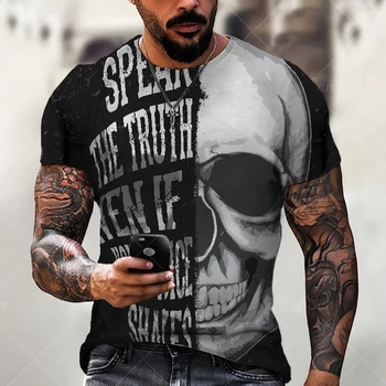 2022 Yeni erkek Streetwear Retro Mektup Kafatası Desen T Shirt erkek Yaz Büyük Boy Gevşek Retro O Boyun Kısa Kollu Üst