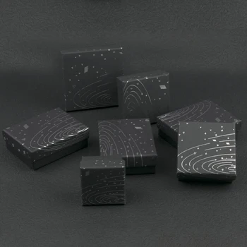 Siyah Yıldızlı Gökyüzü Kare Karton Kraft takı seti Kutuları Yüzük Küpe Kolye Hediye Kutuları Mücevher Ambalaj için 1 Adet