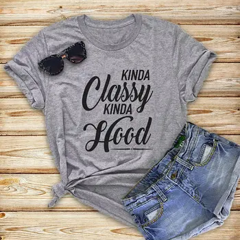 Kinda Şık Kinda Hood Komik Mektup Harajuku kısa kollu t-shirt Rahat Gri O-Boyun Tee pamuklu giysiler Estetik Moda Kıyafet