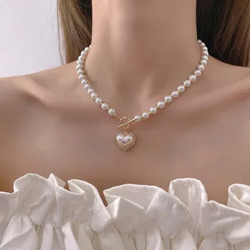 Kore Zarif Basit İnci Zincir Klavikula Zinciri Tatlı Romantik Parti Düğün Kalp Kolye Kolye Kadınlar için moda takı