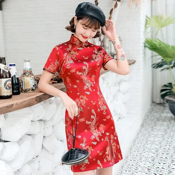 Zarif Yüksek Bölünmüş Cheongsam Kadın Saten Qipao Çin Tarzı Akşam Parti Elbise Seksi Ince Vintage Mandarin Yaka Vestidos
