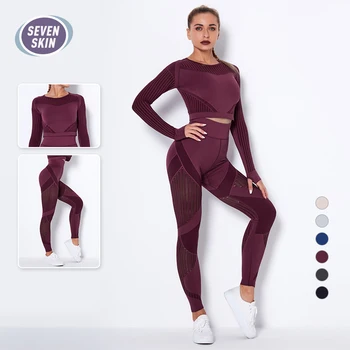 YEDİ CİLT Kadınlar Yoga Setleri Egzersiz Spor Dikişsiz Hollow Out Tayt Uzun Kollu Kırpma Üst Spor Giyim Spor spor elbise