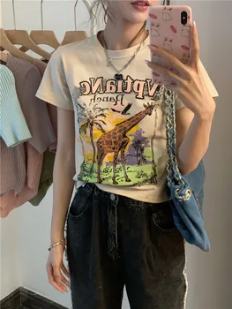 Yaz Yeni Kısa Kollu Bayan T-Shirt Yuvarlak Boyun Sokak Harajuku Zürafa Baskı Üstleri Kız Kore Moda Streetwear T-Shirt