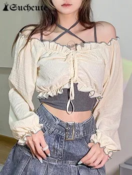 SUCHCUTE Kawaii Ruffles İpli Kadın T-Shirt kore modası Stil Seksi V Boyun Kırpılmış Üstleri Uzun Kollu Casual Streetwear