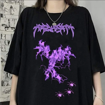 Yaz Goth Kadın T-shirt Estetik Gevşek kısa kollu tişört Punk Koyu Grunge Streetwear Bayanlar Gotik Tee Harajuku Giyim