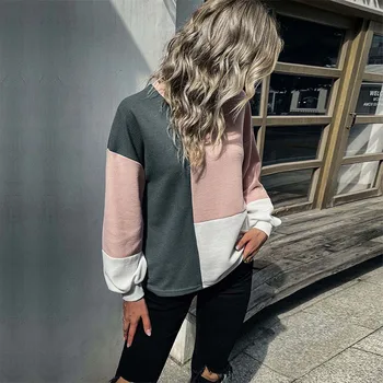 Kadın Gömlek Uzun Kollu Grafik Tees Renk Blok Patchwork Baskı Tunik Üstleri Harajuku Şerit Yuvarlak Boyun Vintage Elbise 4