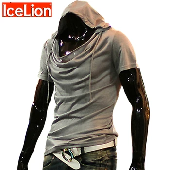 IceLion 2021 Yaz Yığın Yaka T Gömlek Erkekler Moda Kapşonlu T-shirt Hip Hop Streetwear erkek Kısa Kollu Katı Spor Tshirt