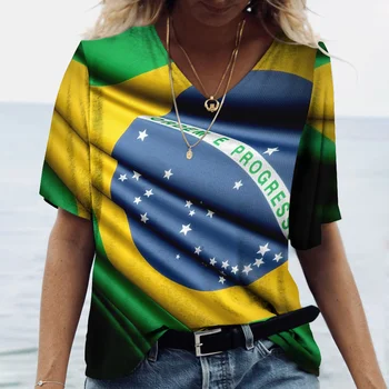 2023 kadın T-shirt Moda Kısa Kollu Brezilya Bayrağı T Shirt Kadınlar İçin Retro Streetwear Bayan Giyim Kız Gömlek Tops Gömlek