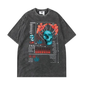 Erkek T Shirt Hit Renk Kafatası Diablo Baskılı Tshirt Yıkanmış Büyük Boy harajuku T-shirt Rahat Moda Yüksek Sokak erkek Üstleri