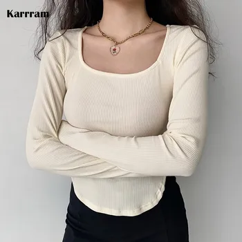 Karrram Sonbahar Kore Tarzı Nervürlü Örme T Shirt Kadın Katı Uzun Kollu Kare Boyun Tee Gömlek Kadın Düzensiz Şık Triko