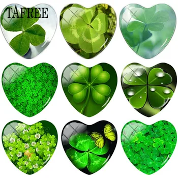 TAFREE Yeşil Dört Yapraklı Yonca Görüntüleri Kalp Şekli 25mm DIY Cam Cabochon Takılar anahtar zincirleri Kolye Kolye Takı Bulguları
