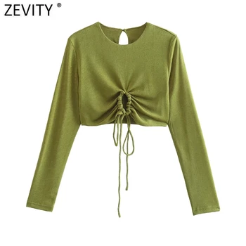 Zevity Kadınlar Yüksek Sokak Hollow Out Hem Lace Up Yeşil Kısa T Shirt Bayanlar Temel O Boyun Uzun Kollu Casual Slim Mahsul Tops T903